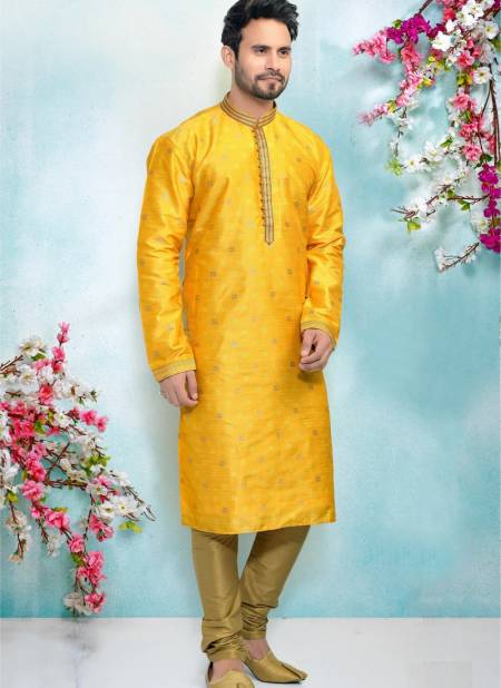Yellow Party And Function Wear Traditional Pure Jaquard Silk Brocade Kurta Pajama Redymade Collection 1032-8375